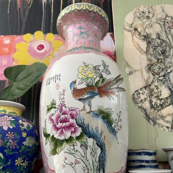 Jingdezhen Chinese Famille Rose Porcelain Vase Exotic Birds 18" Vintage - Picture 3 of 16